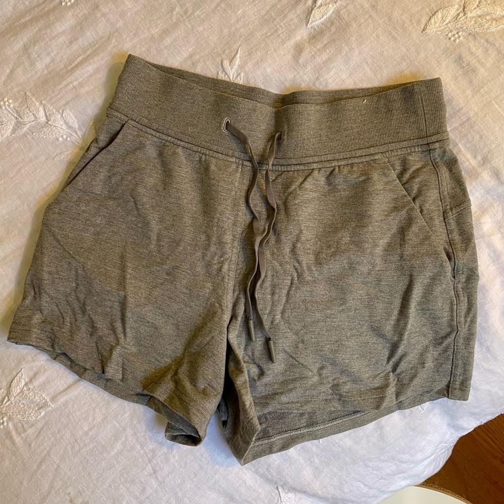 Gray lululemon sport shorts (wrinkled from being folded … sorry!)